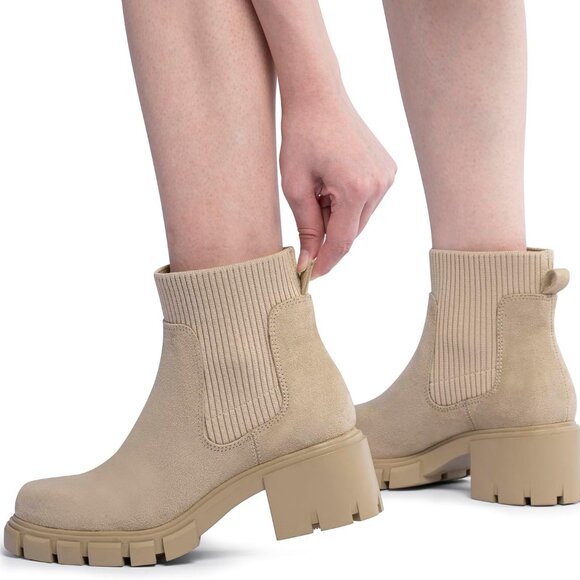 Womens Chelsea Boots Elastic Ankle Booties Chunky Mid Heel Lug Sole Slip On Fall - Picture 5 of 5